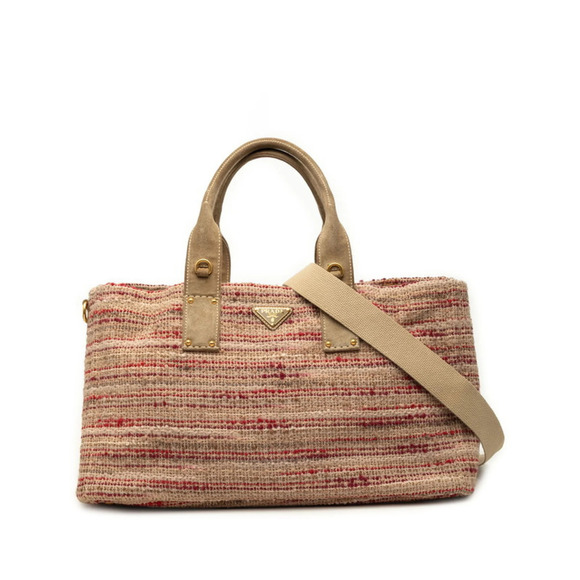 PRADA Handbags - Prada Triangle Logo Plate Canapa Tote Bag 2-Way Shoulder BN2042 Beige Red Mul...